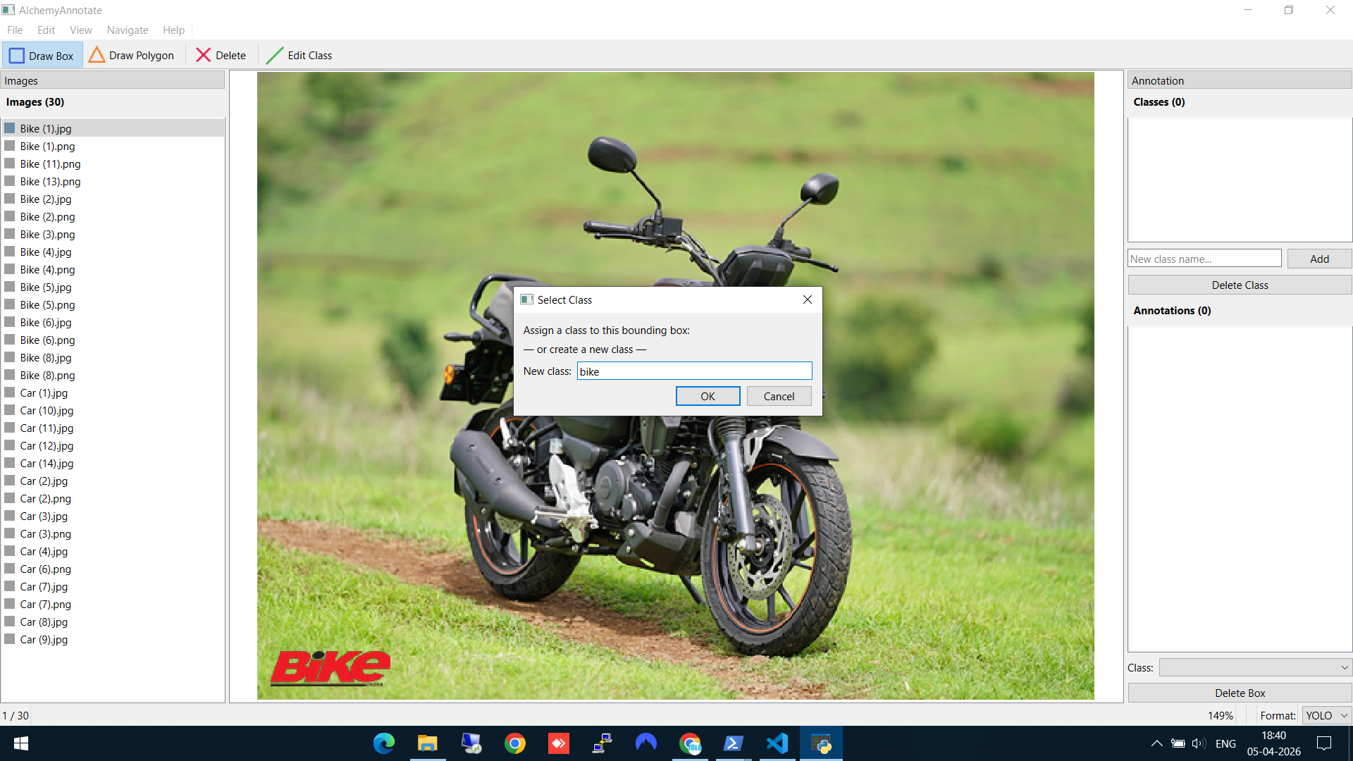 Drawing a bounding box on a bike and creating the bike class
