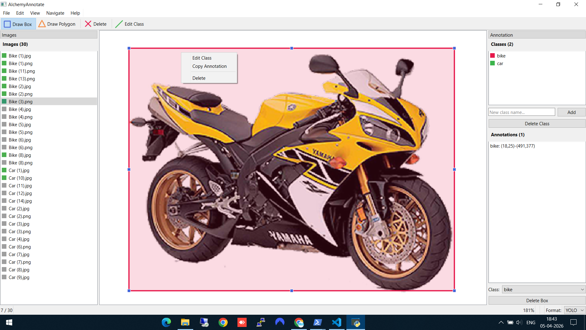 Right-click context menu showing Edit Class, Copy Annotation, and Delete options