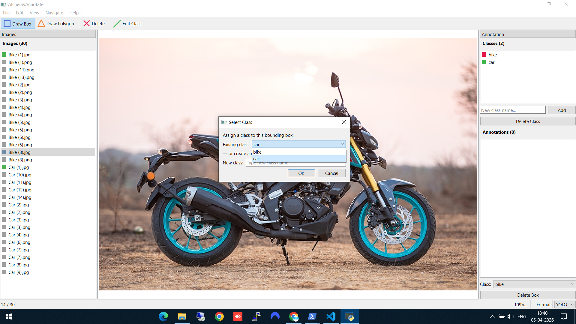 Selecting an existing class from the dropdown for a new bounding box