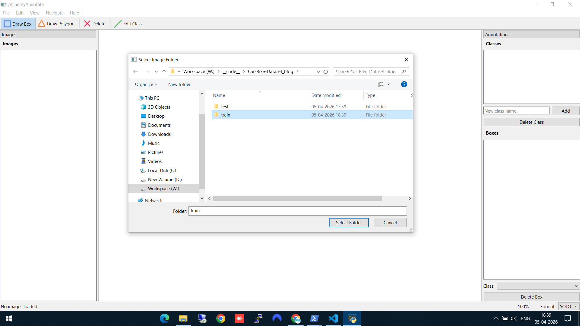 AlchemyAnnotate — selecting the train folder containing 30 car and bike images