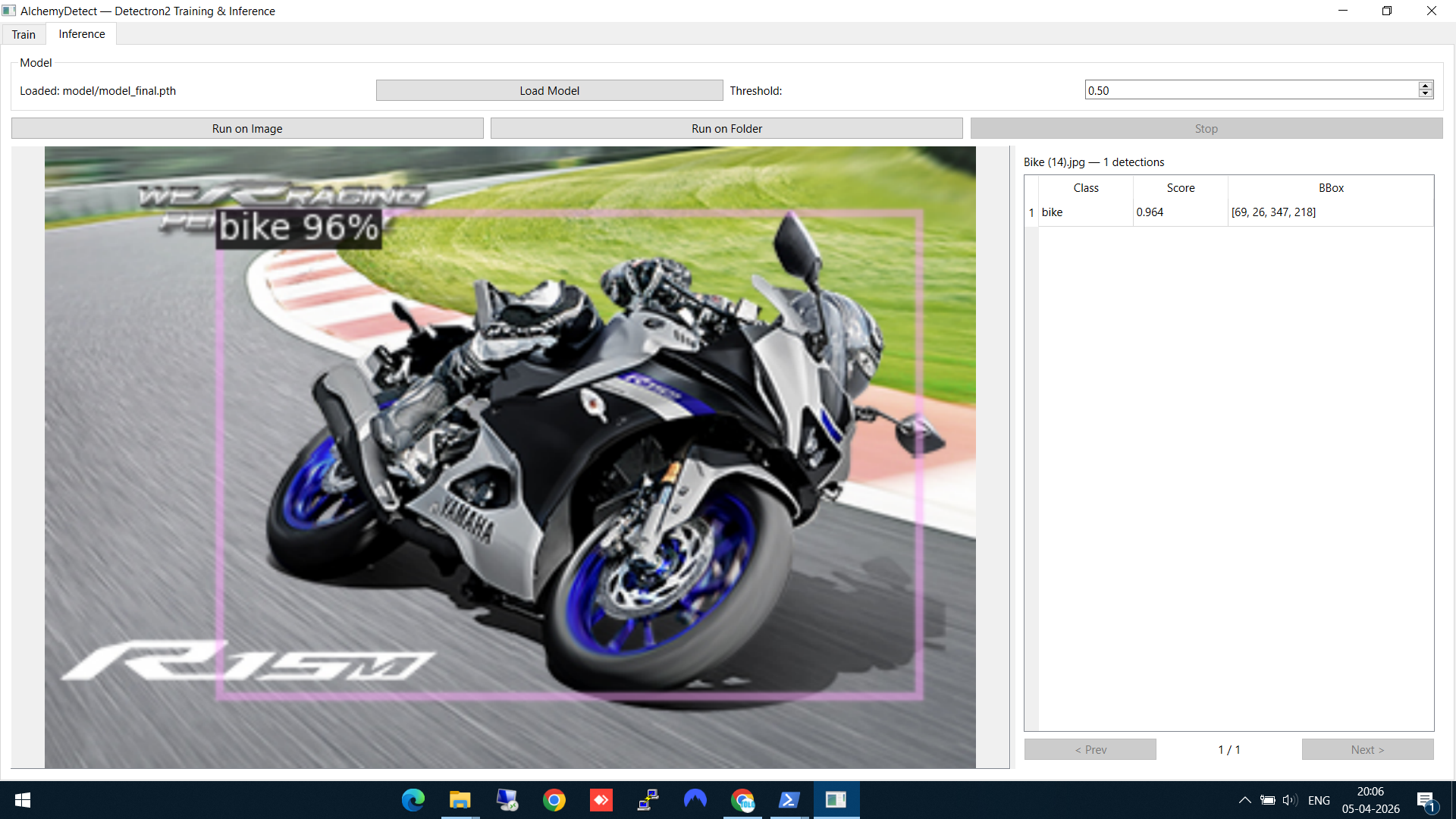 Bike detected with 96% confidence score and bounding box overlay