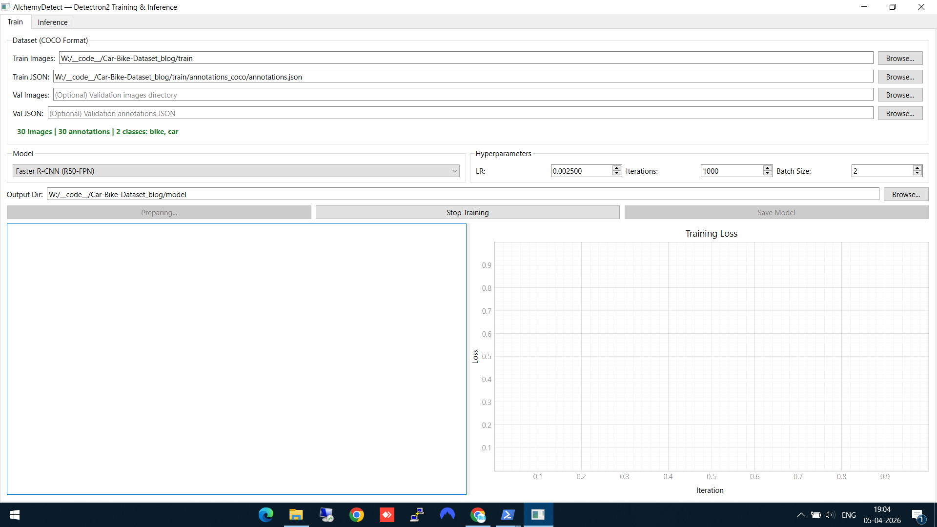 AlchemyDetect Train tab showing data paths, model selection, and dataset summary