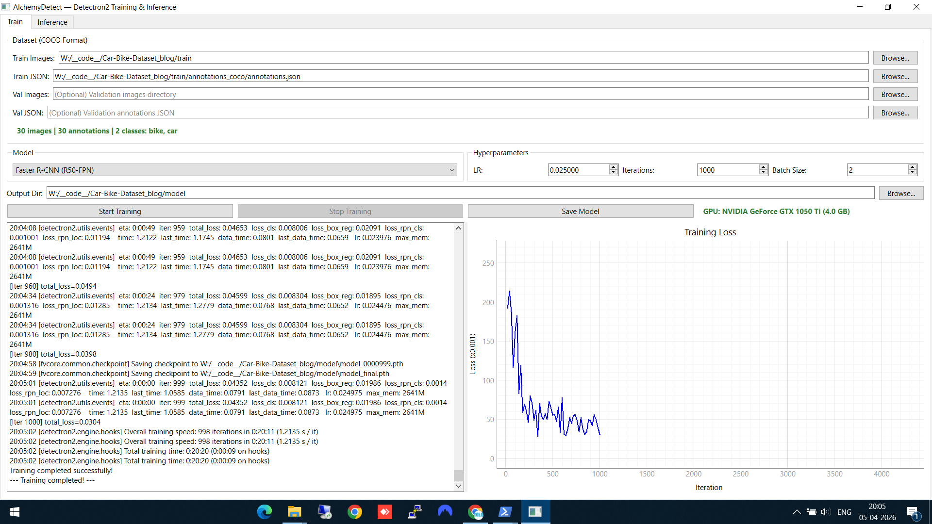 AlchemyDetect training in progress — log panel and loss curve showing loss decreasing